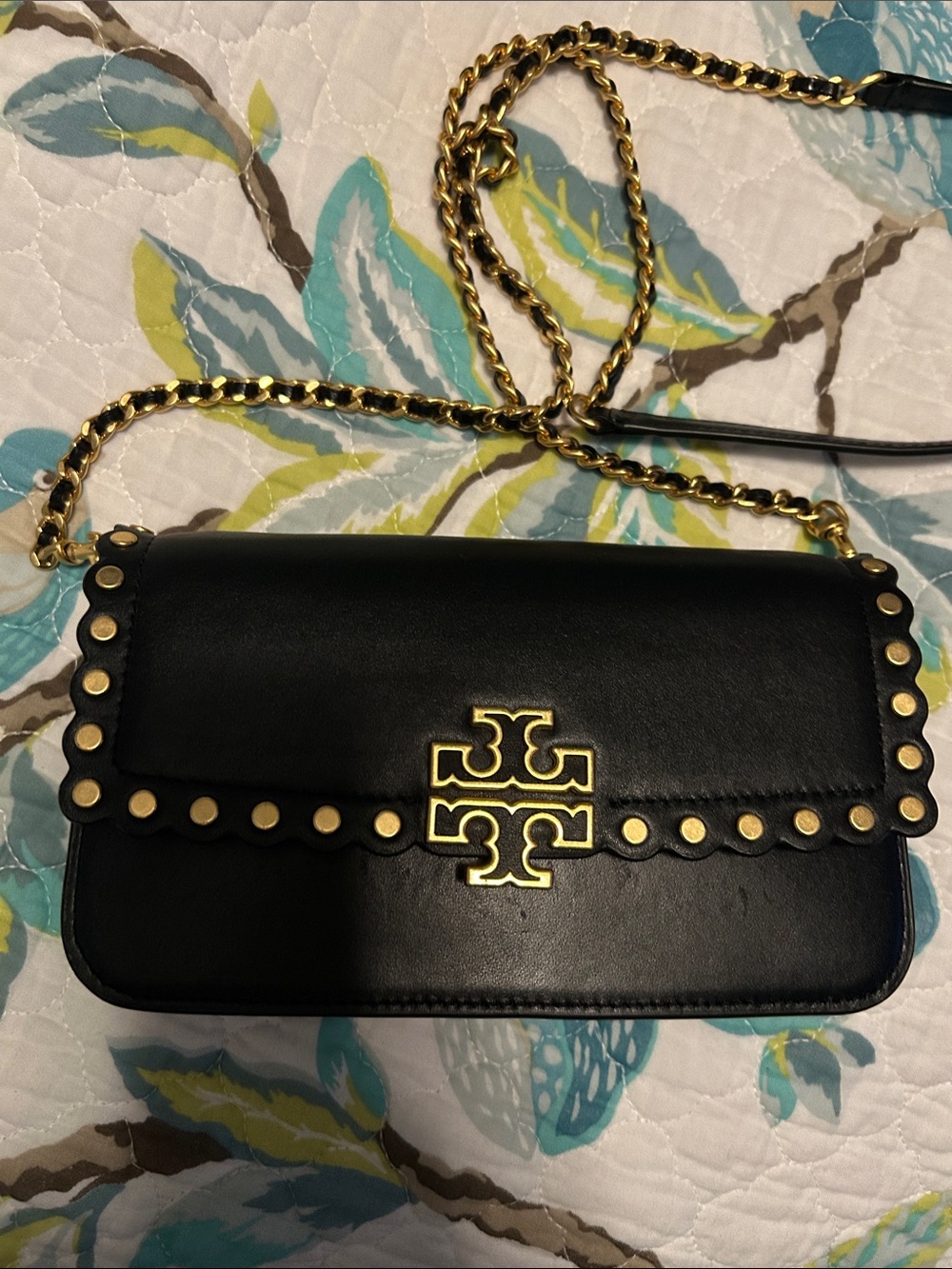Tory Burch Black Leather Crossbody with Gold Logo & Stud Trim